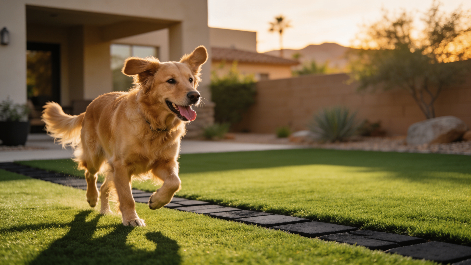 Happy dog enjoying a Turf Time Arizona lawn installation.