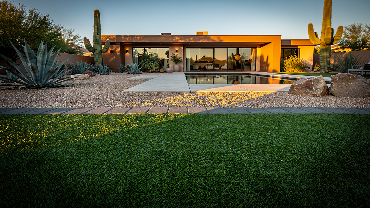 Luxury Arizona backyard with Turf Time artificial turf, desert landscaping, and pool.