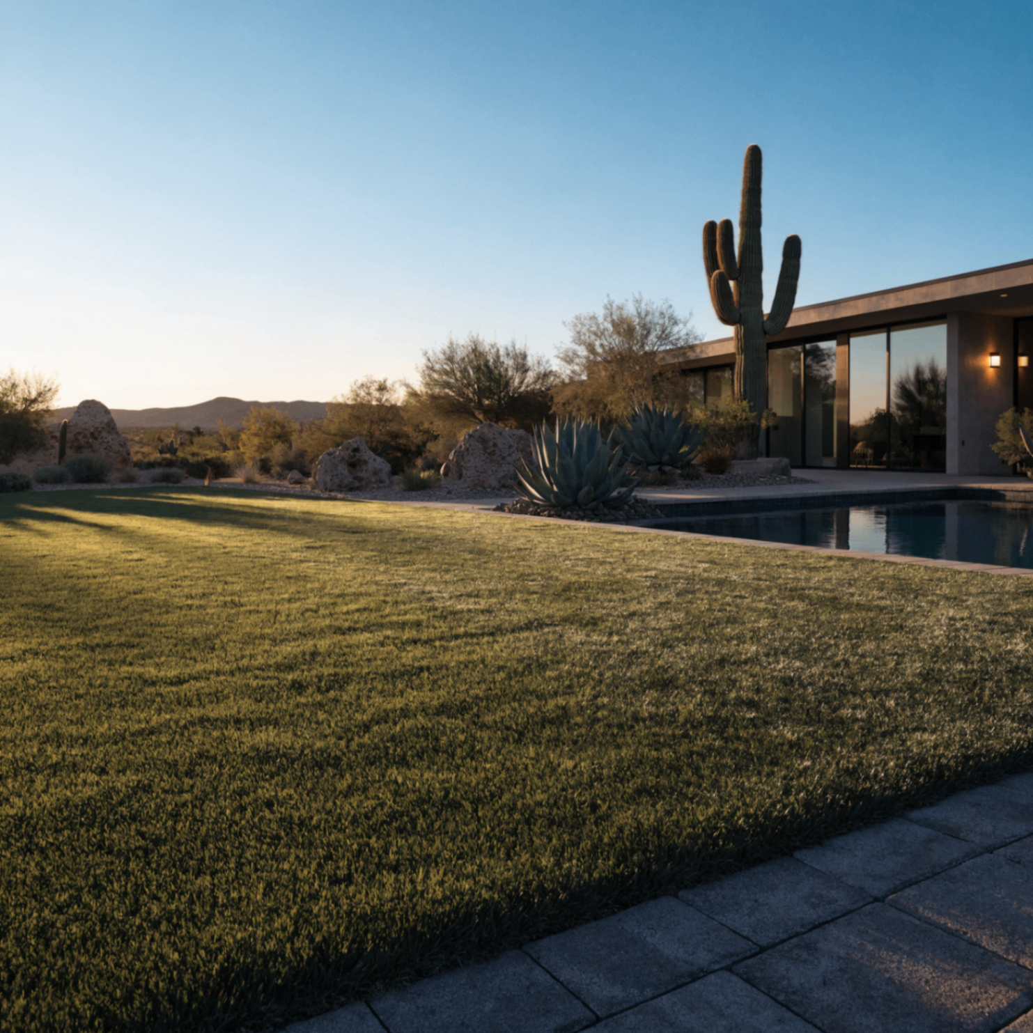 Modern Arizona home with Turf Time turf installation, pool, and desert landscaping.